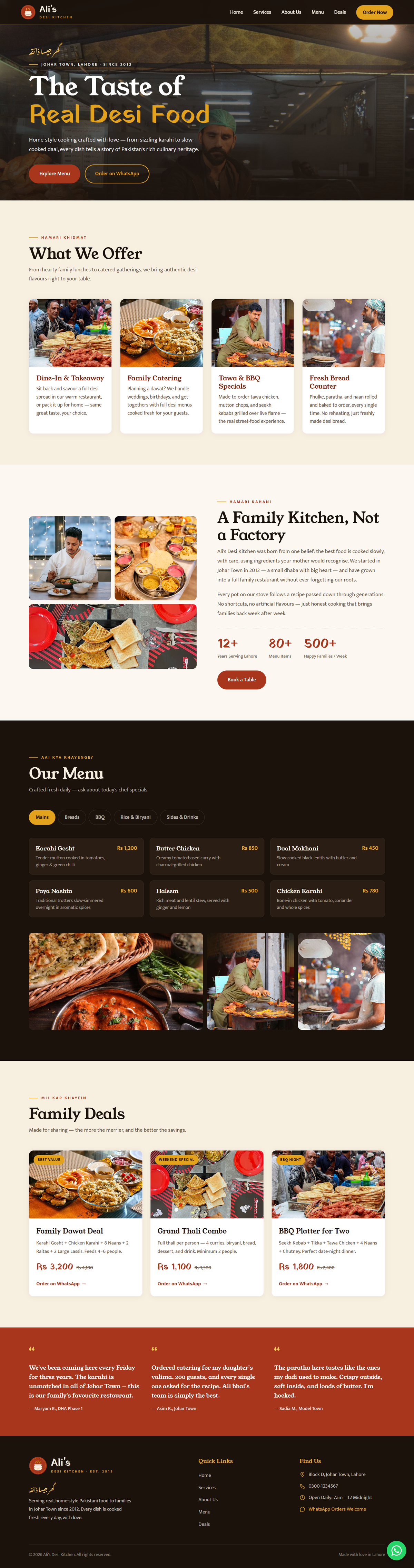 Full homepage of Ali's Desi Kitchen in Lahore: warm hero with WhatsApp ordering, the family story, a tabbed menu with prices and family deal cards.