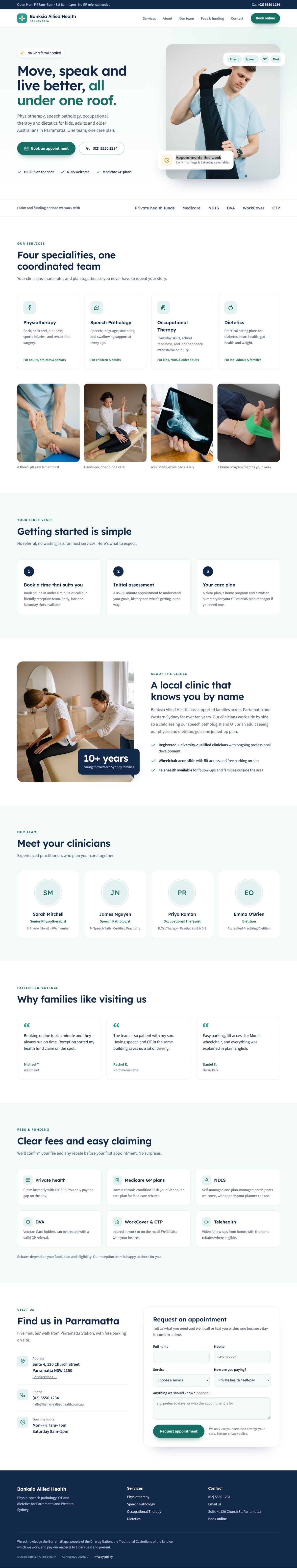 Full homepage of Banksia Allied Health in Parramatta: booking hero, four service cards, clinician profiles, fees and funding, and an appointment form.