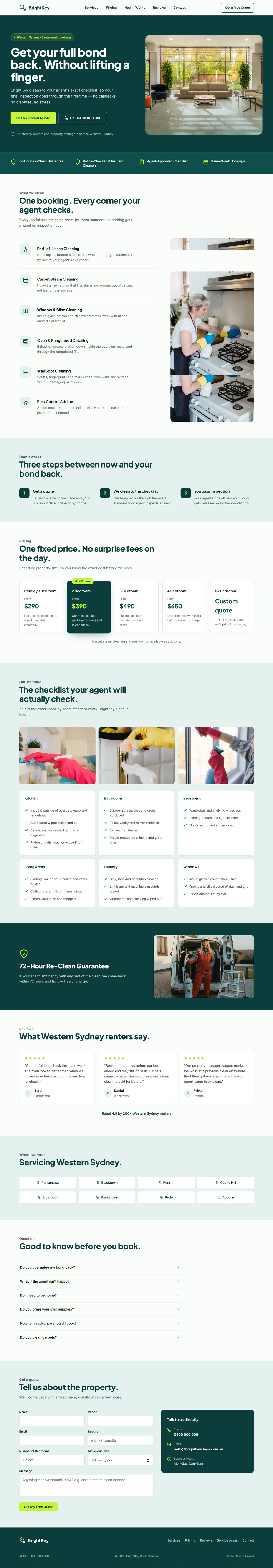 Full homepage of BrightKey Bond Cleaning in Western Sydney: green hero, fixed prices by bedroom count, agent checklist, re-clean guarantee, FAQ and quote form.