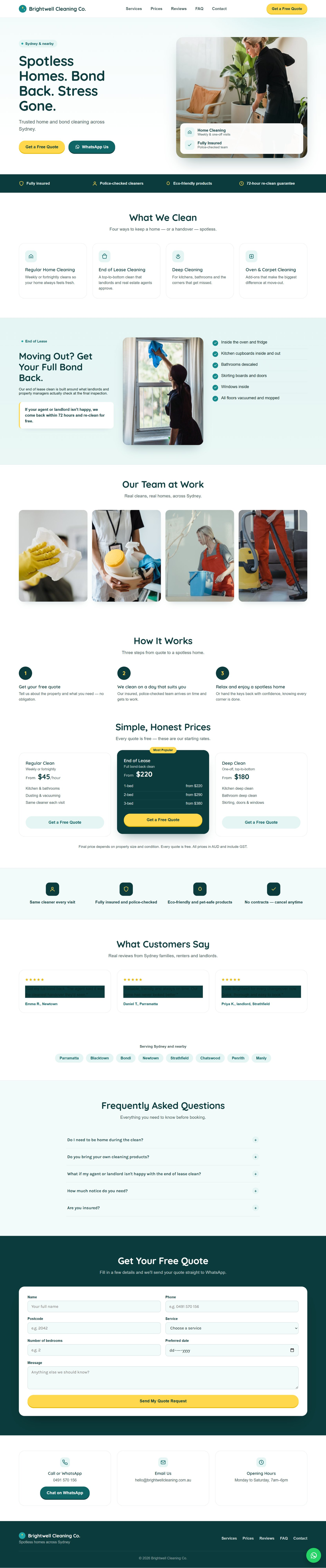 Full homepage of Brightwell Cleaning Co. in Sydney: quote and WhatsApp buttons, four services, end-of-lease checklist, starting prices and quote form.