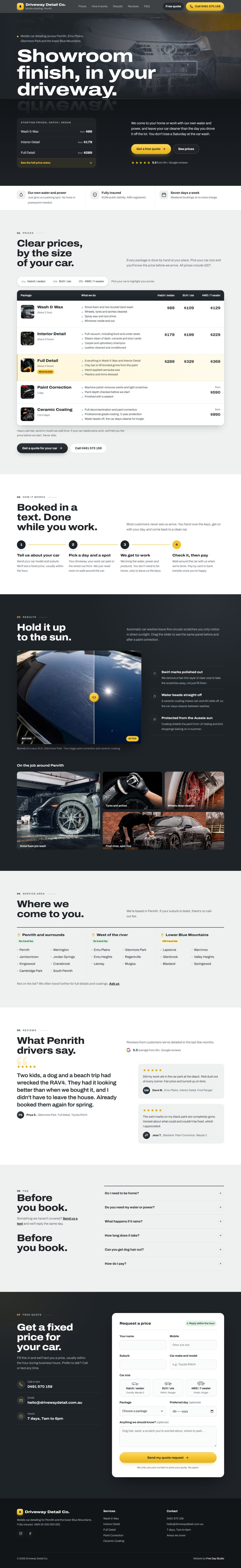 Full homepage of Driveway Detail Co in Penrith: dark hero with starting prices, a price table by car size, booking steps, a before-and-after slider, service areas, reviews, FAQ and a quote form.