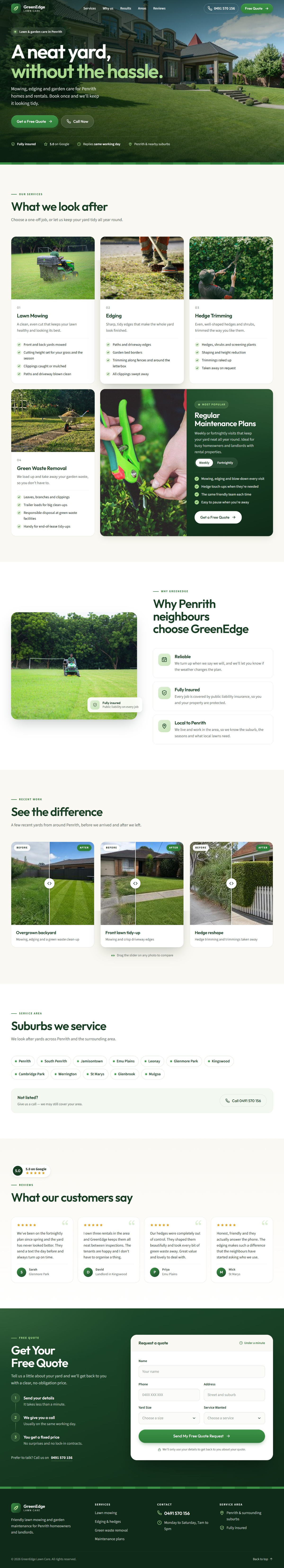 Full homepage of GreenEdge Lawn Care in Penrith: green hero with a quote button, four lawn and garden services, regular maintenance plans, before-and-after sliders, suburbs served, reviews and a quote form.