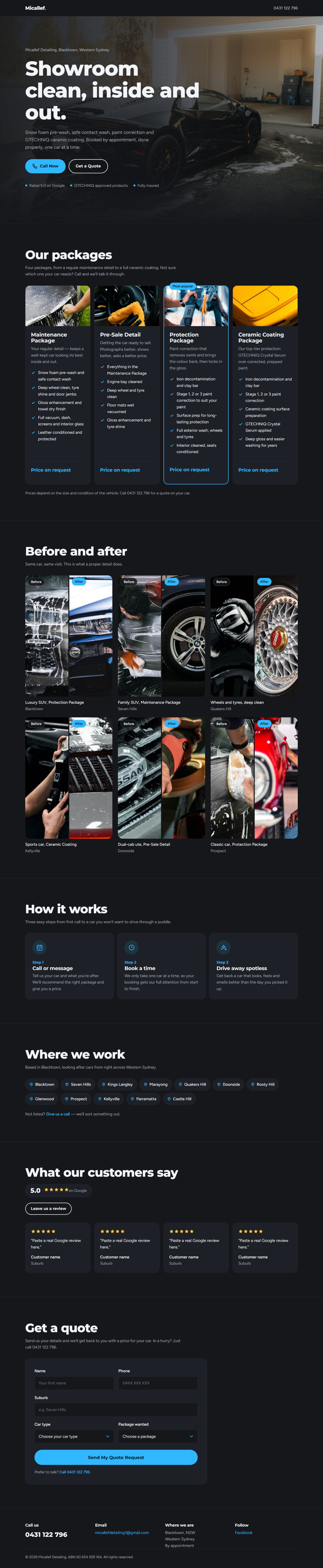 Full homepage of Micallef Detailing in Blacktown: dark design with four packages, a before-and-after gallery, three-step process and quote form.